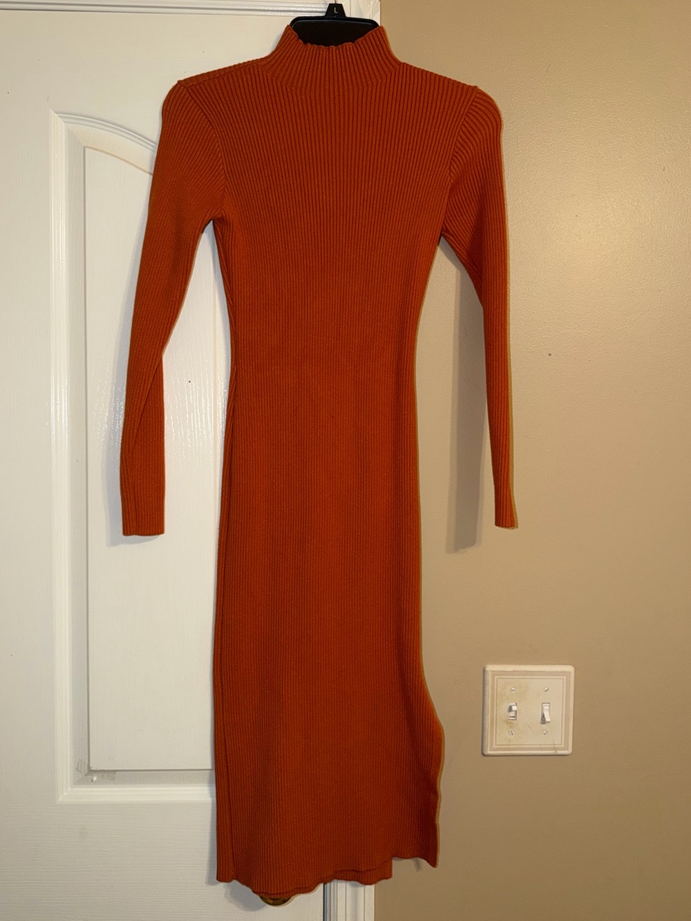 Long Sleeve Rib Knit Turtleneck Dress - Rust